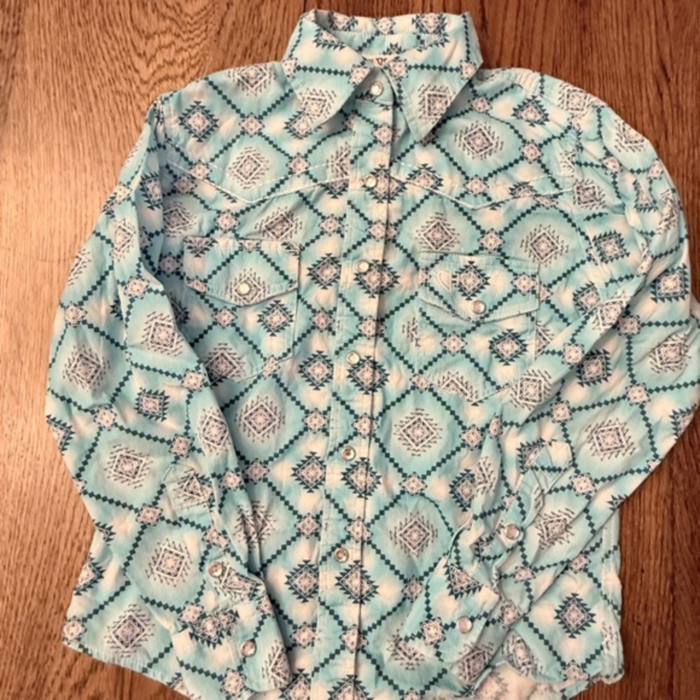 Cowgirl Hardware Aqua Patterned Jeweled Snap Down Girl Sz 6 Shirt. EUC BC